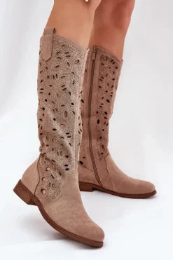 Ażurowe Kozaki Na Płaskim Obcasie HY51-176 Beżowe