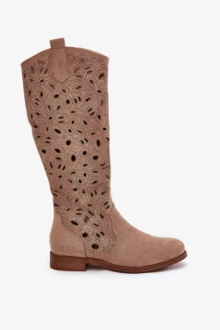 Ażurowe Kozaki Na Płaskim Obcasie HY51-176 Beżowe