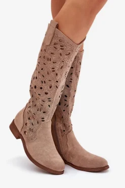 Ażurowe Kozaki Na Płaskim Obcasie HY51-176 Beżowe