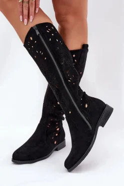 Ażurowe Kozaki Na Płaskim Obcasie HY51-176 Czarne