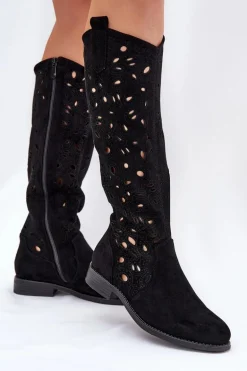 Ażurowe Kozaki Na Płaskim Obcasie HY51-176 Czarne
