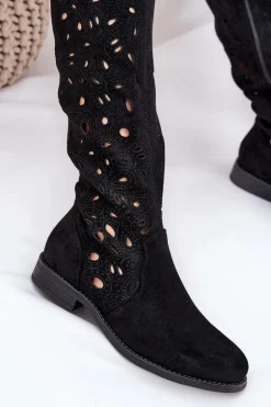 Ażurowe Kozaki Na Płaskim Obcasie HY51-176 Czarne