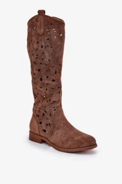 Ażurowe Kozaki Na Płaskim Obcasie HY51-176 Brązowe