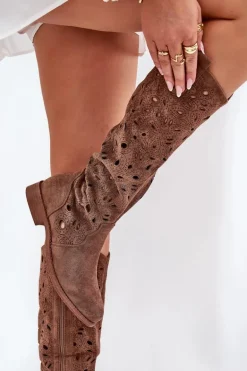 Ażurowe Kozaki Na Płaskim Obcasie HY51-176 Brązowe