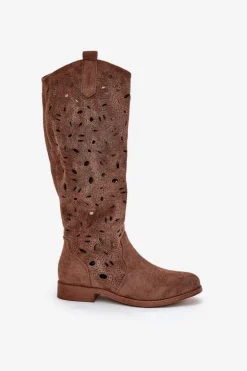 Ażurowe Kozaki Na Płaskim Obcasie HY51-176 Brązowe