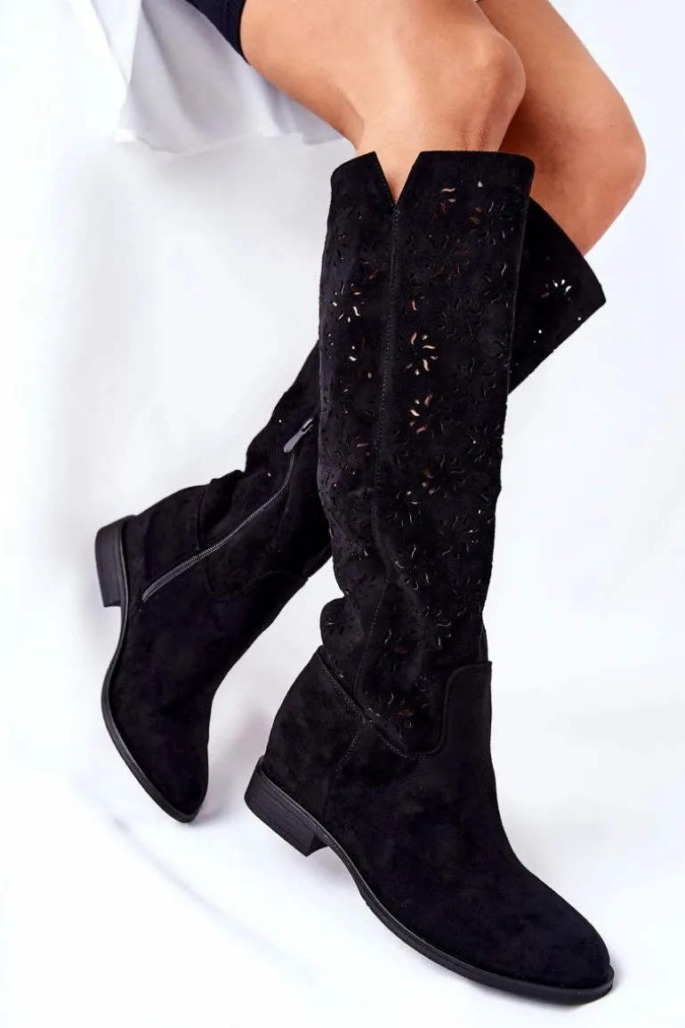 Ażurowe Kozaki Na Ukrytym Koturnie Czarne Lara