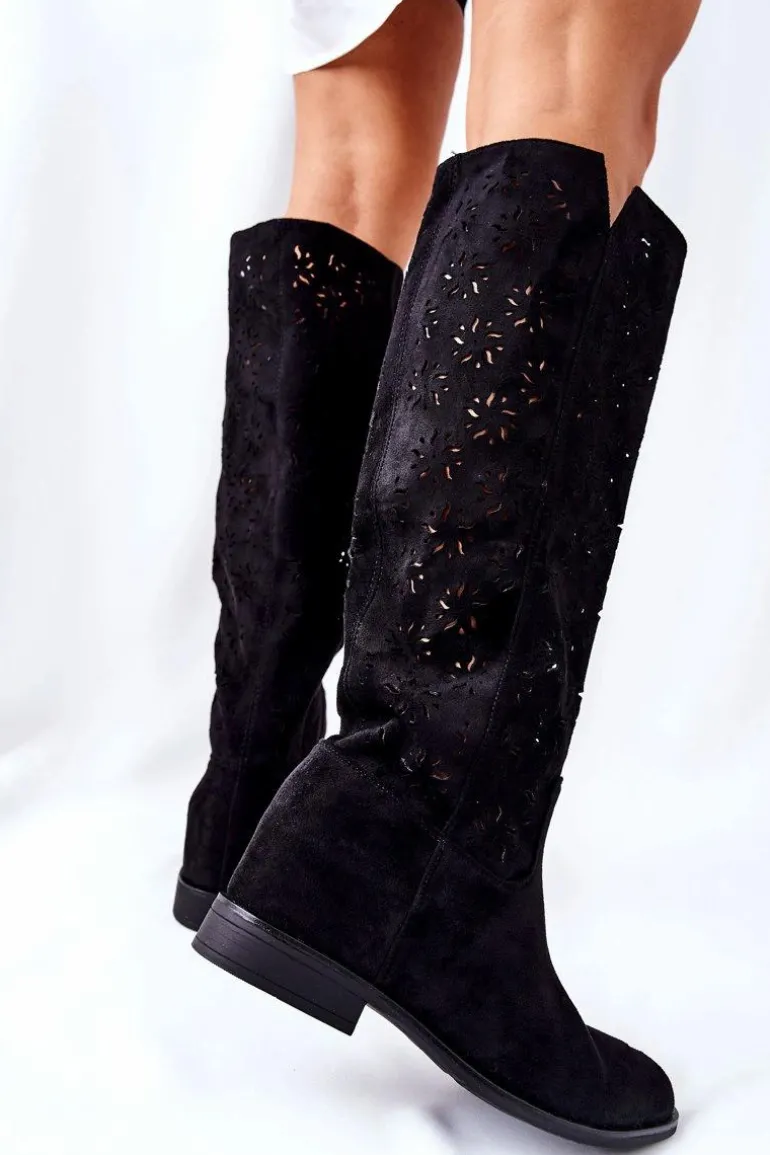 Ażurowe Kozaki Na Ukrytym Koturnie Czarne Lara