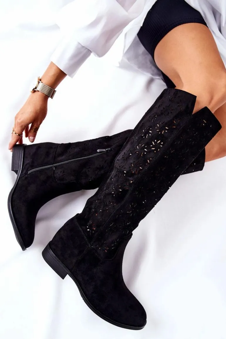 Ażurowe Kozaki Na Ukrytym Koturnie Czarne Lara