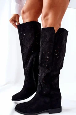 Ażurowe Kozaki Na Ukrytym Koturnie Czarne Lara