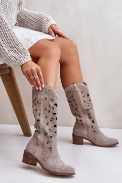 Ażurowe Kozaki Zamszowe Lewski Shoes 3170 Cappucino