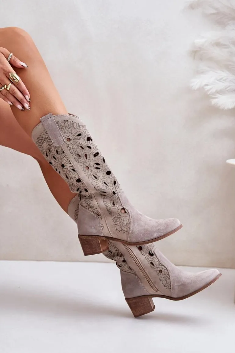 Ażurowe Kozaki Zamszowe Lewski Shoes 3170 Cappucino