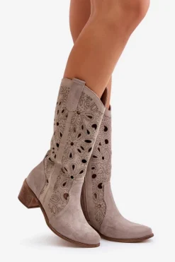 Ażurowe Kozaki Zamszowe Lewski Shoes 3170 Cappucino