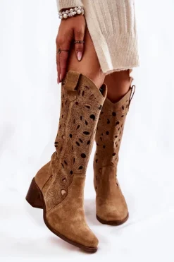 Ażurowe Kozaki Zamszowe Lewski Shoes 3170 Beżowe