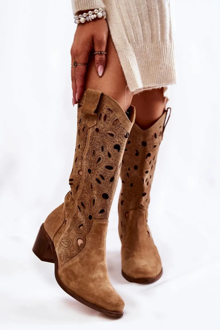 Ażurowe Kozaki Zamszowe Lewski Shoes 3170 Beżowe