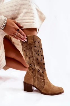 Ażurowe Kozaki Zamszowe Lewski Shoes 3170 Beżowe