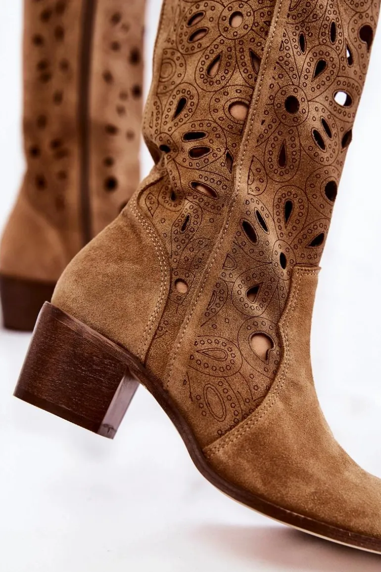 Ażurowe Kozaki Zamszowe Lewski Shoes 3170 Beżowe