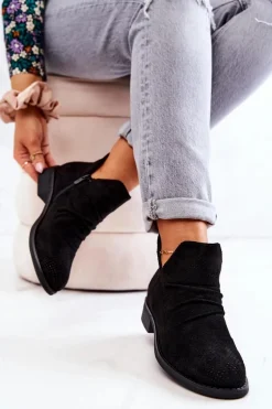 Ażurowe Marszczone Botki Czarne Cynthia