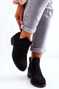 Ażurowe Marszczone Botki Czarne Cynthia