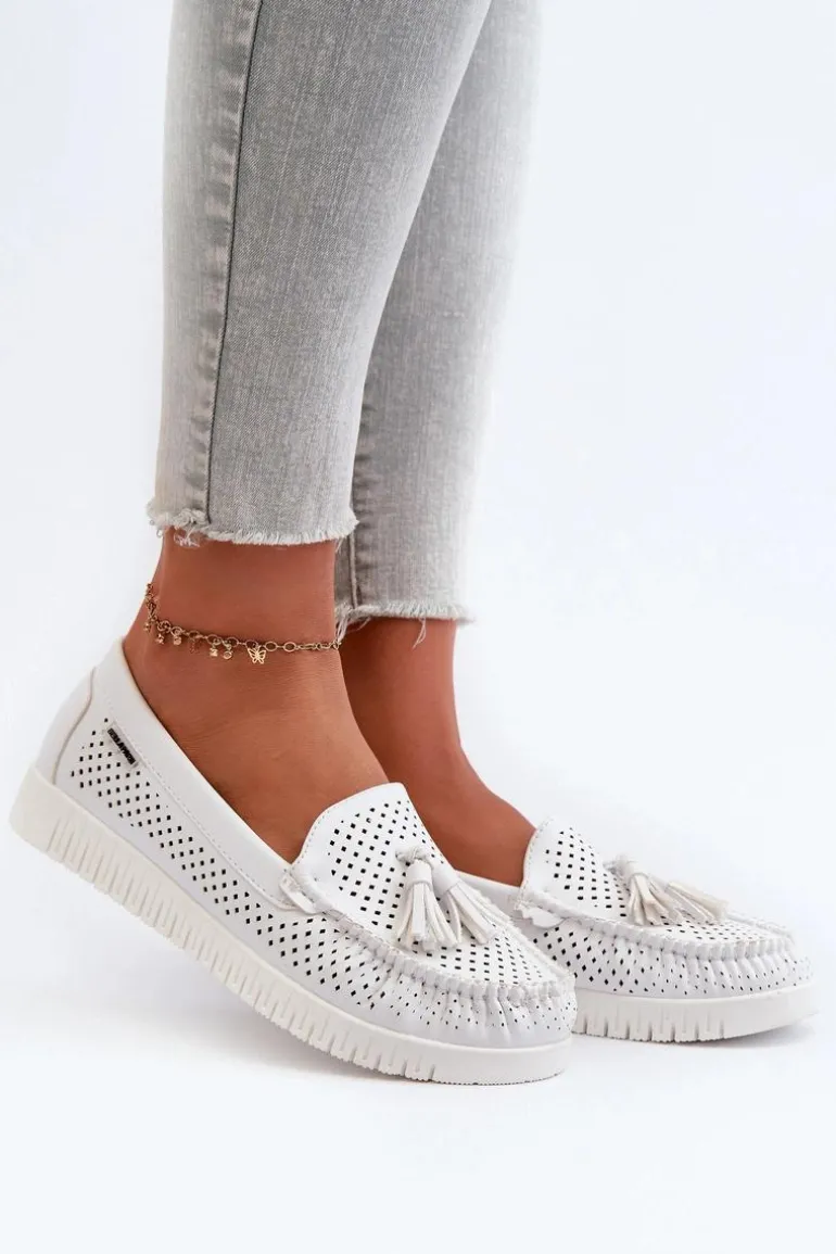 Ażurowe Mokasyny Damskie Z Eko Skóry Białe Tinami