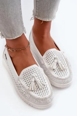 Ażurowe Mokasyny Damskie Z Eko Skóry Białe Tinami