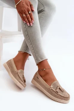 Ażurowe Mokasyny Damskie Z Eko Zamszu Złote Tinami
