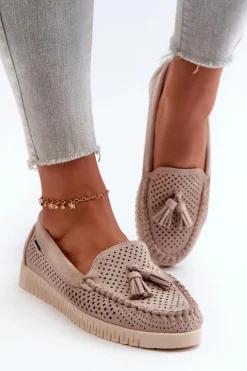 Ażurowe Mokasyny Damskie Z Eko Zamszu Beżowe Tinami