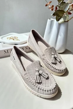 Ażurowe Mokasyny Damskie Z Eko Zamszu Beżowe Tinami