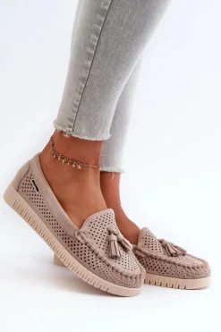 Ażurowe Mokasyny Damskie Z Eko Zamszu Beżowe Tinami