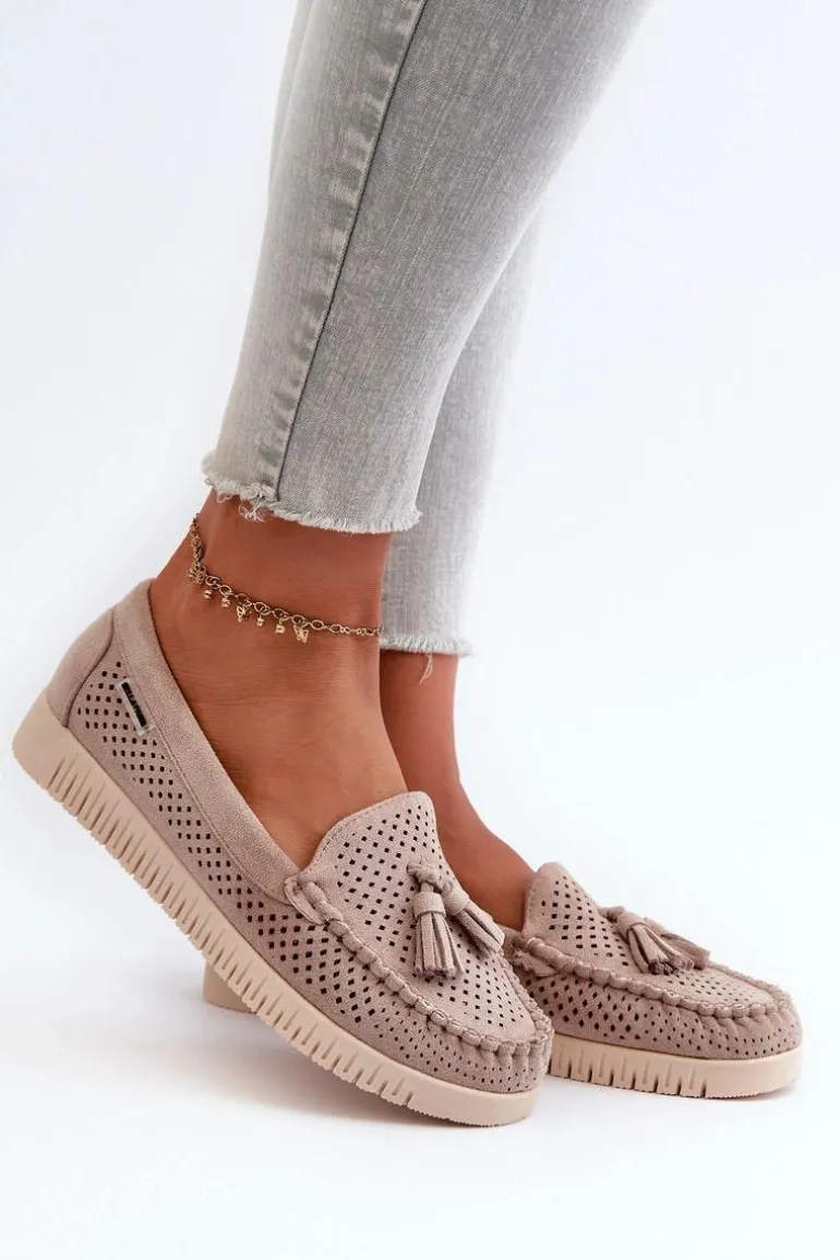 Ażurowe Mokasyny Damskie Z Eko Zamszu Beżowe Tinami