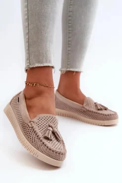 Ażurowe Mokasyny Damskie Z Eko Zamszu Beżowe Tinami