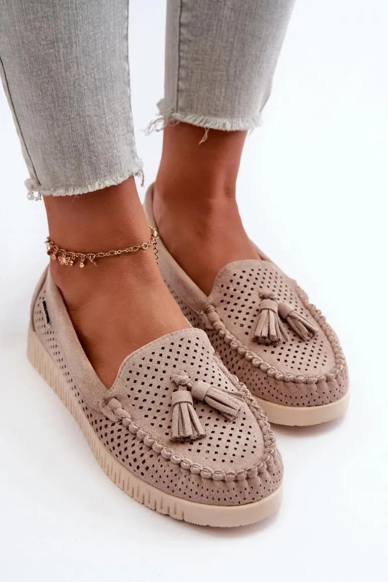 Ażurowe Mokasyny Damskie Z Eko Zamszu Beżowe Tinami