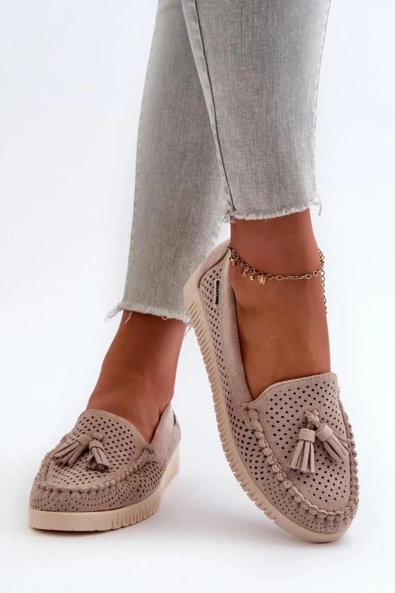 Ażurowe Mokasyny Damskie Z Eko Zamszu Beżowe Tinami