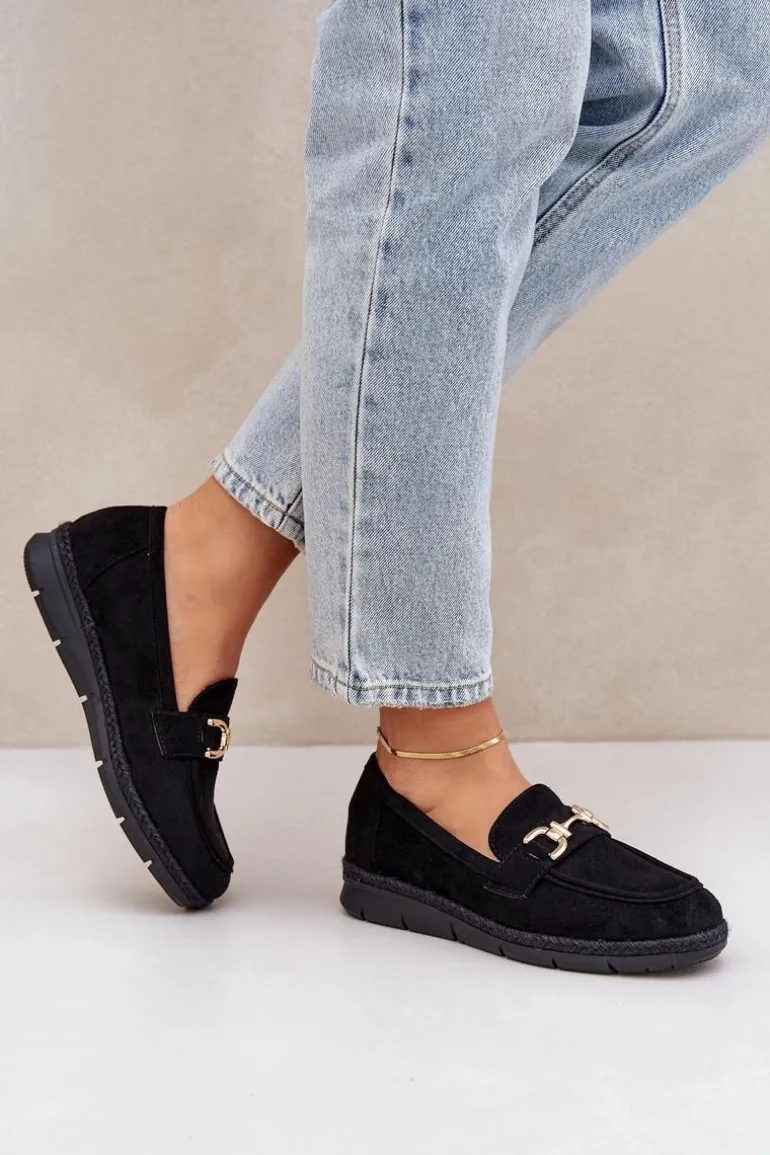 Ażurowe Mokasyny Ze Złotym Detalem I Jutową Plecionką Czarne Lainer