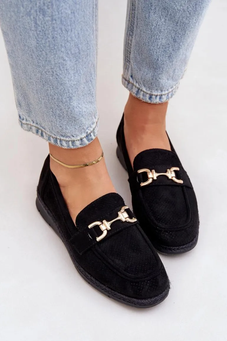 Ażurowe Mokasyny Ze Złotym Detalem I Jutową Plecionką Czarne Lainer