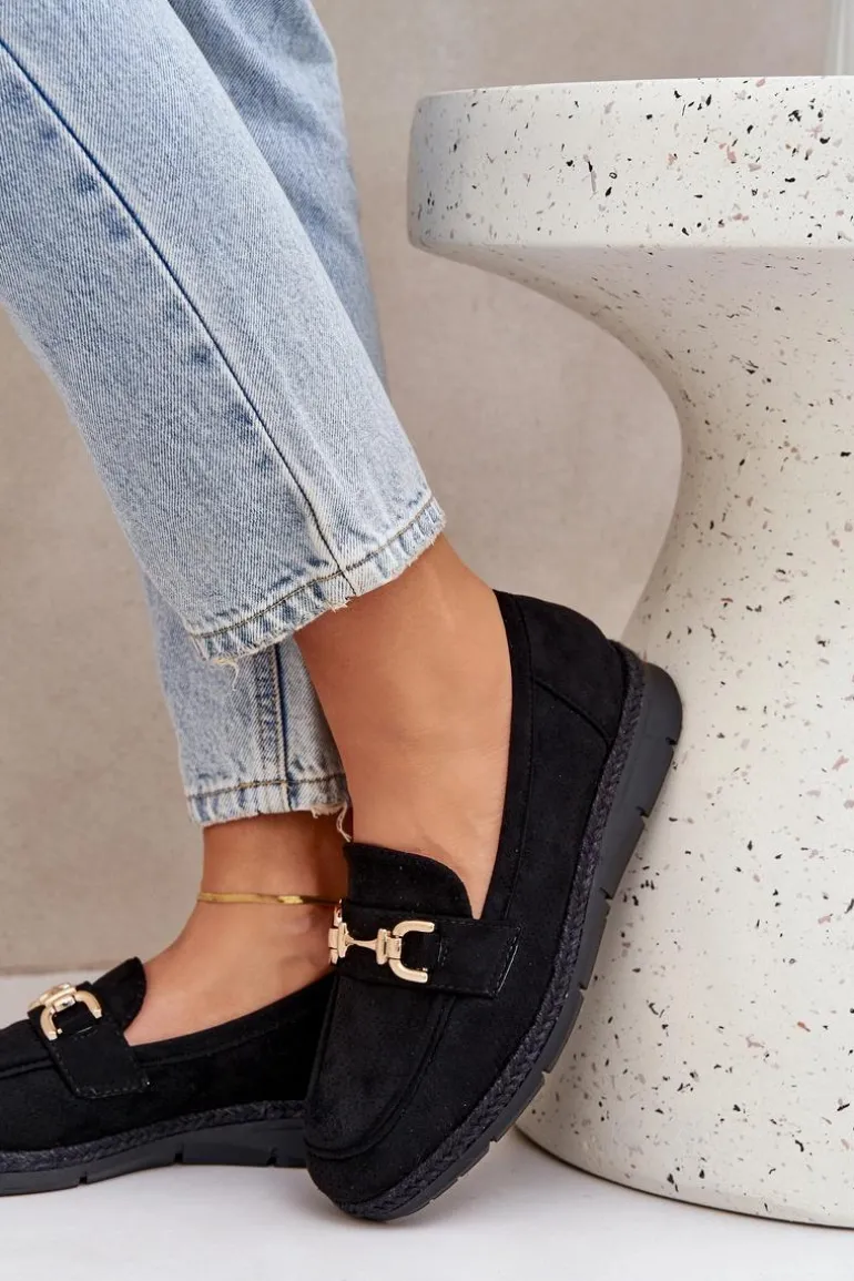 Ażurowe Mokasyny Ze Złotym Detalem I Jutową Plecionką Czarne Lainer