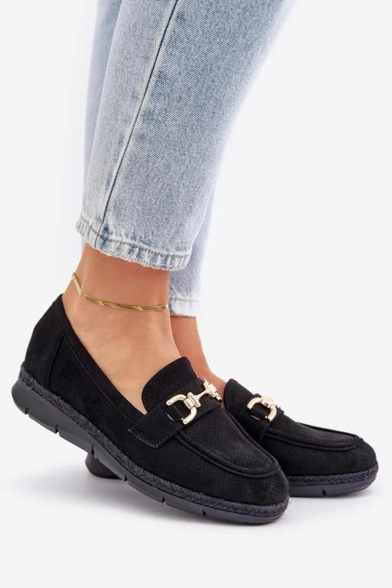 Ażurowe Mokasyny Ze Złotym Detalem I Jutową Plecionką Czarne Lainer