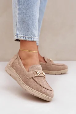 Ażurowe Mokasyny Ze Złotym Detalem I Jutową Plecionką Beżowe Lainer