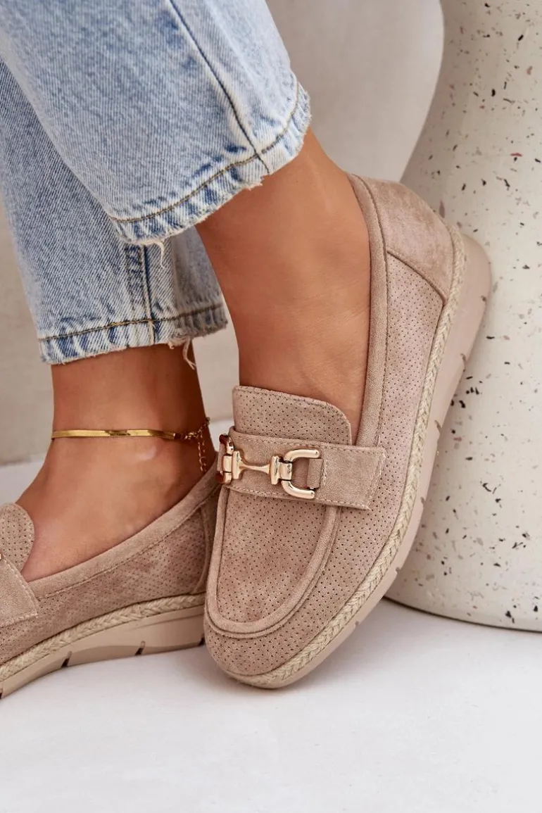 Ażurowe Mokasyny Ze Złotym Detalem I Jutową Plecionką Beżowe Lainer