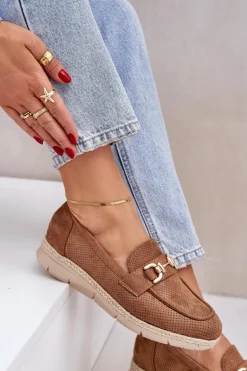 Ażurowe Mokasyny Ze Złotym Detalem I Jutową Plecionką Brązowe Lainer