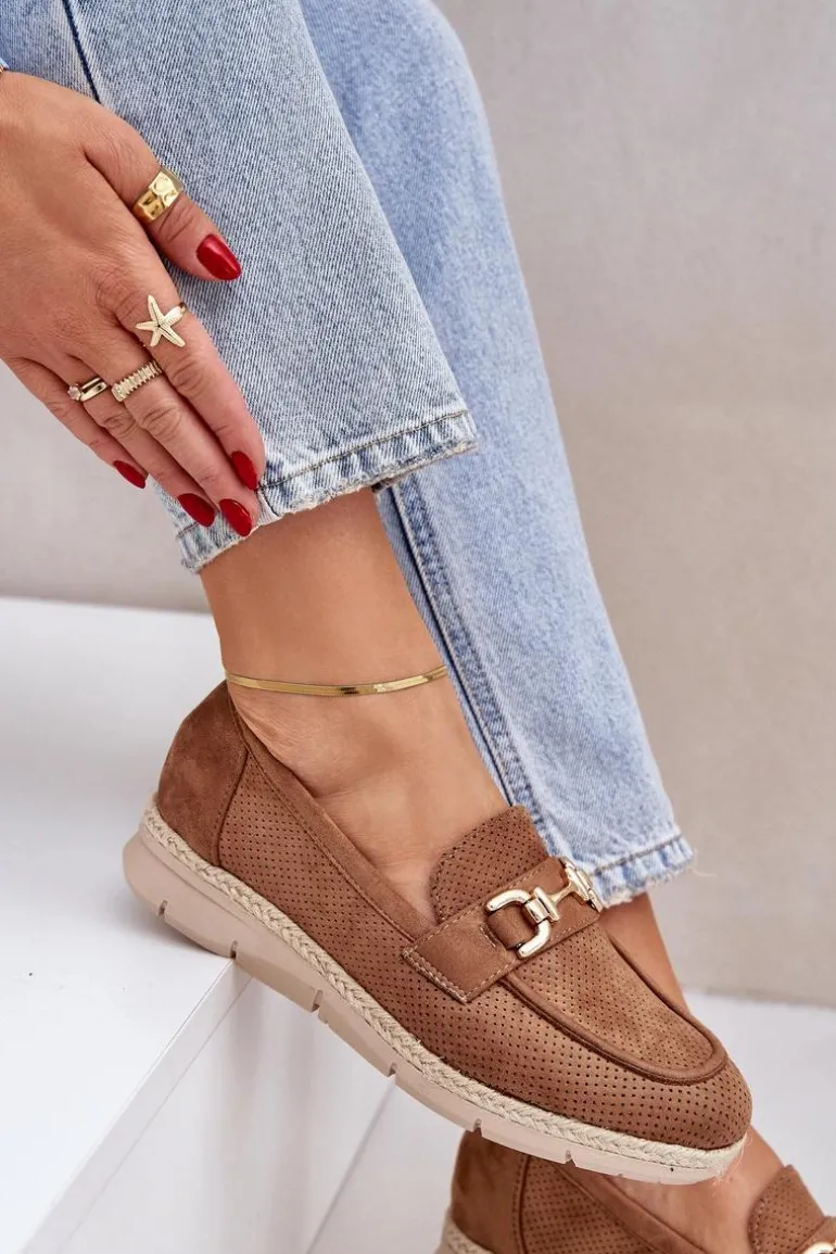 Ażurowe Mokasyny Ze Złotym Detalem I Jutową Plecionką Brązowe Lainer