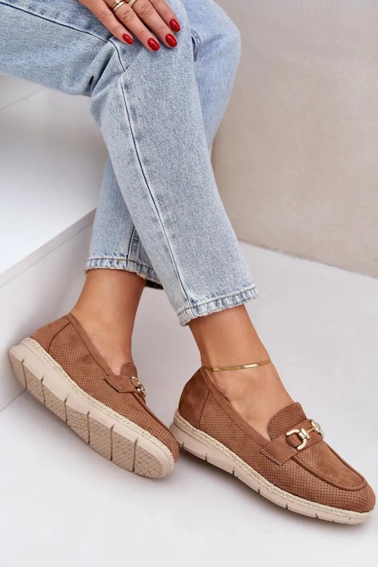Ażurowe Mokasyny Ze Złotym Detalem I Jutową Plecionką Brązowe Lainer
