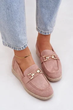 Ażurowe Mokasyny Ze Złotym Detalem I Jutową Plecionką Różowe Lainer