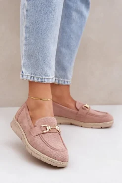 Ażurowe Mokasyny Ze Złotym Detalem I Jutową Plecionką Różowe Lainer