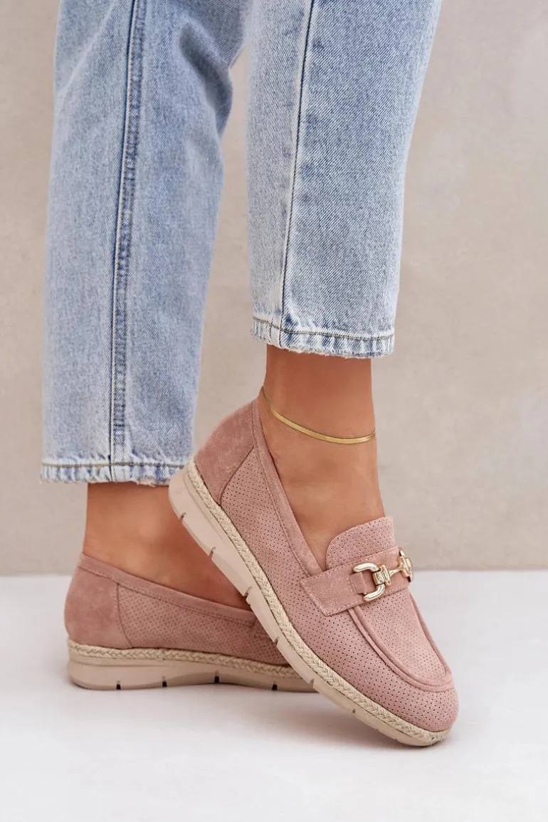 Ażurowe Mokasyny Ze Złotym Detalem I Jutową Plecionką Różowe Lainer