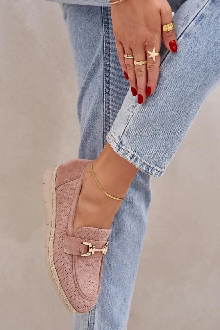 Ażurowe Mokasyny Ze Złotym Detalem I Jutową Plecionką Różowe Lainer