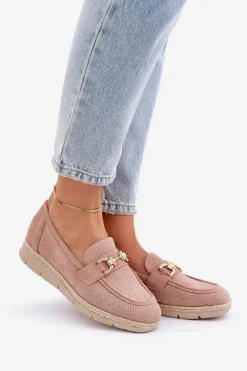 Ażurowe Mokasyny Ze Złotym Detalem I Jutową Plecionką Różowe Lainer