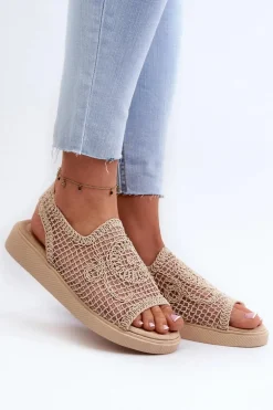 Ażurowe Sandały Damskie Na Platformie Beżowe Mennita