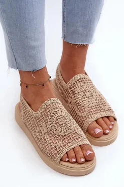 Ażurowe Sandały Damskie Na Platformie Beżowe Mennita