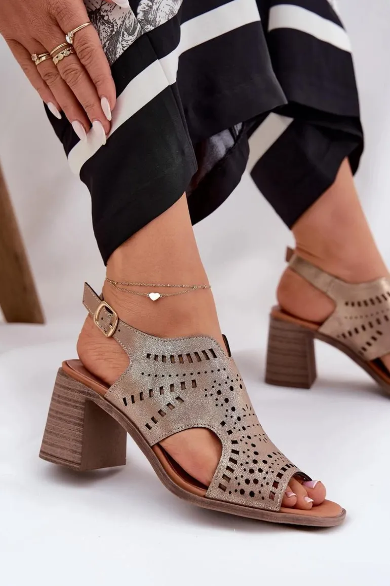 Ażurowe Sandały Damskie Na Słupku Złote Tosine
