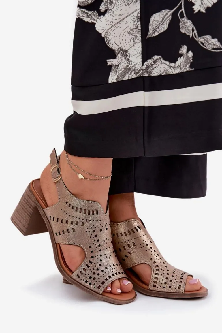 Ażurowe Sandały Damskie Na Słupku Złote Tosine